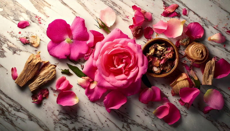Firefly_Render_a_pink_rose_petals_spread_with_sprigs_patchouli_and_large_pieces_of_sandalwood_on_a.jpg
