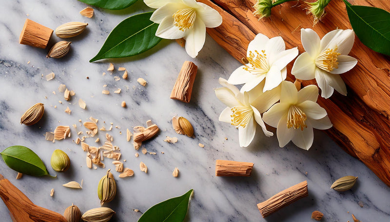 Firefly_Render_sandalwood_pieces_and_Jasmin_flowers_and_cardamom_on_a_marble_table_43433.jpg