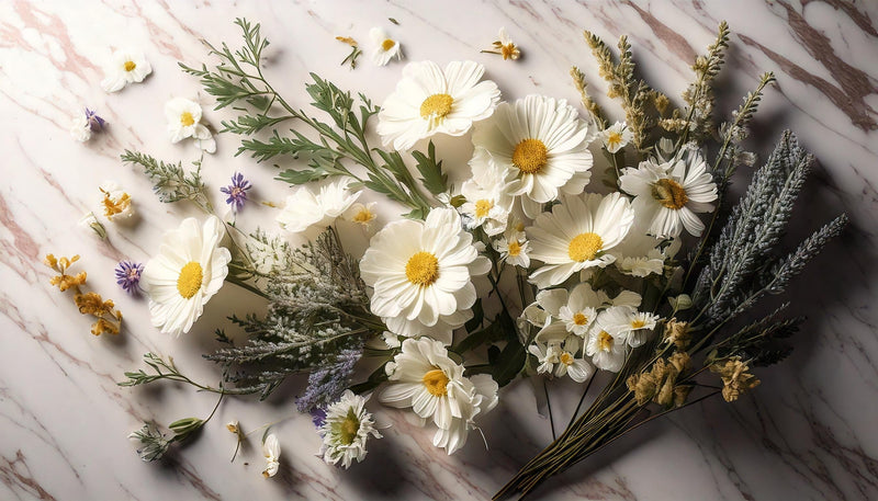 Firefly_Render_white_geraniums_chamomile_flowers_and_lavender_with_cedar_sprigs_scattered_on_a_mar.jpg