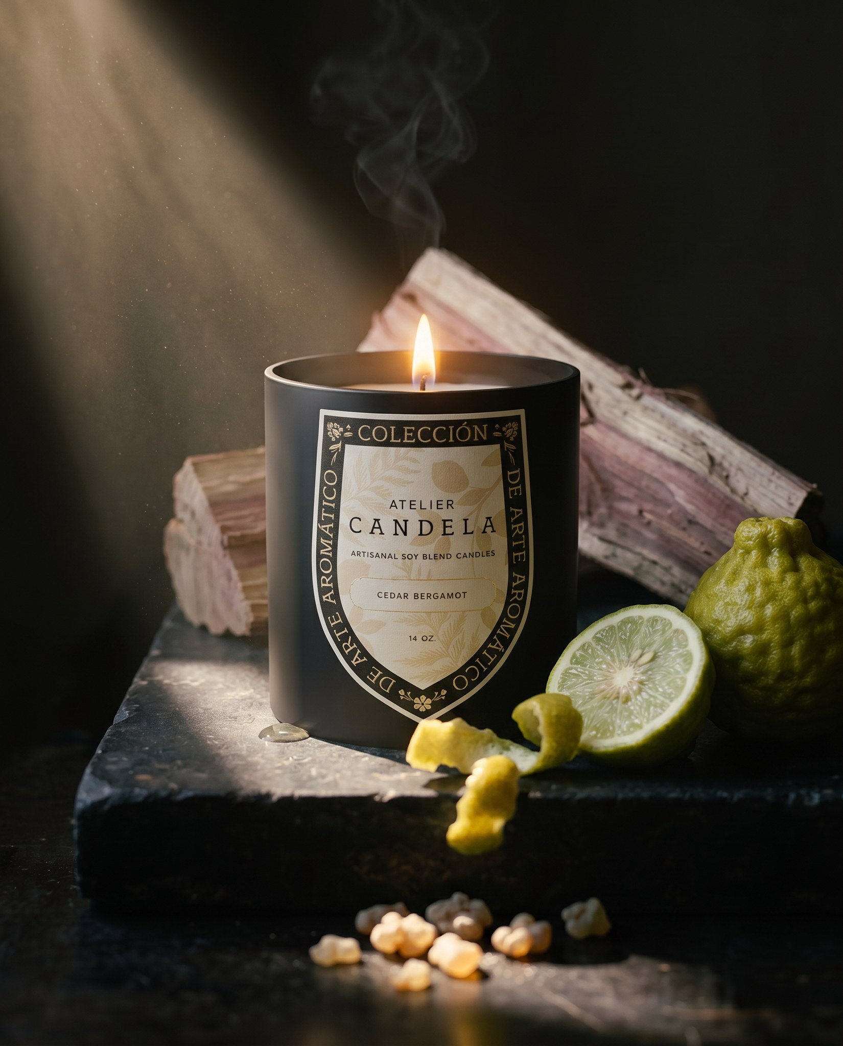 Cedar Bergamot candle styled with cedarwood and fresh bergamot
