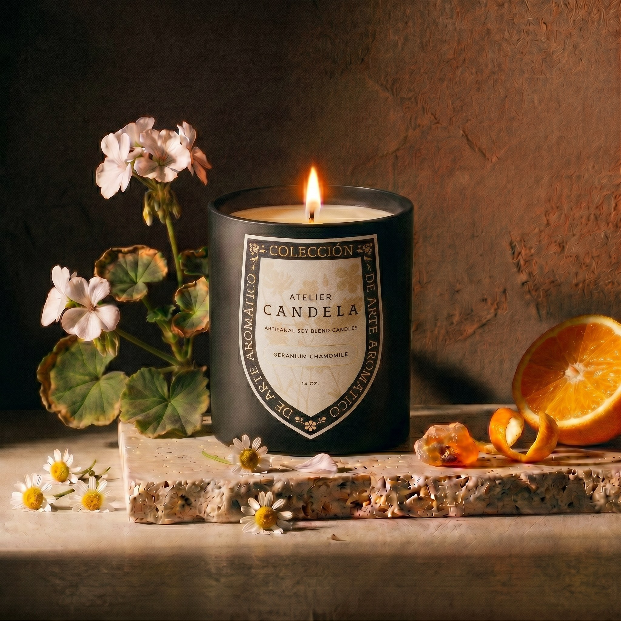 Geranium Chamomile candle styled with geranium petals and chamomile flowers