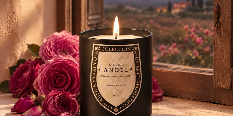 Atelier Candela Moroccan Rose lit soy blend candle on a windowsill overlooking a rose valley at sunset