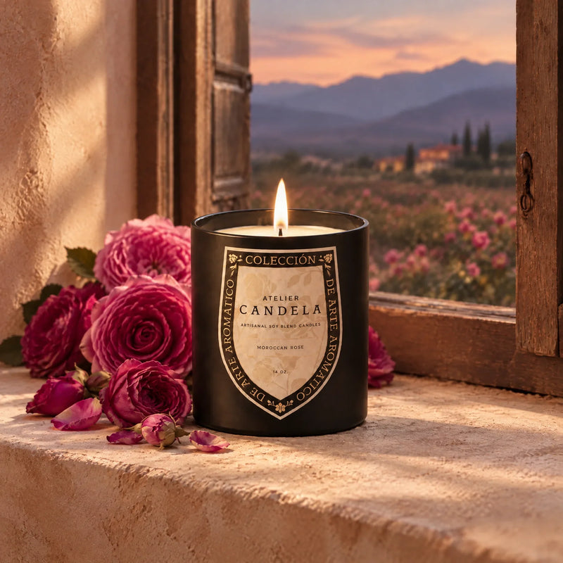 Atelier Candela Moroccan Rose lit soy blend candle on a windowsill overlooking a rose valley at sunset