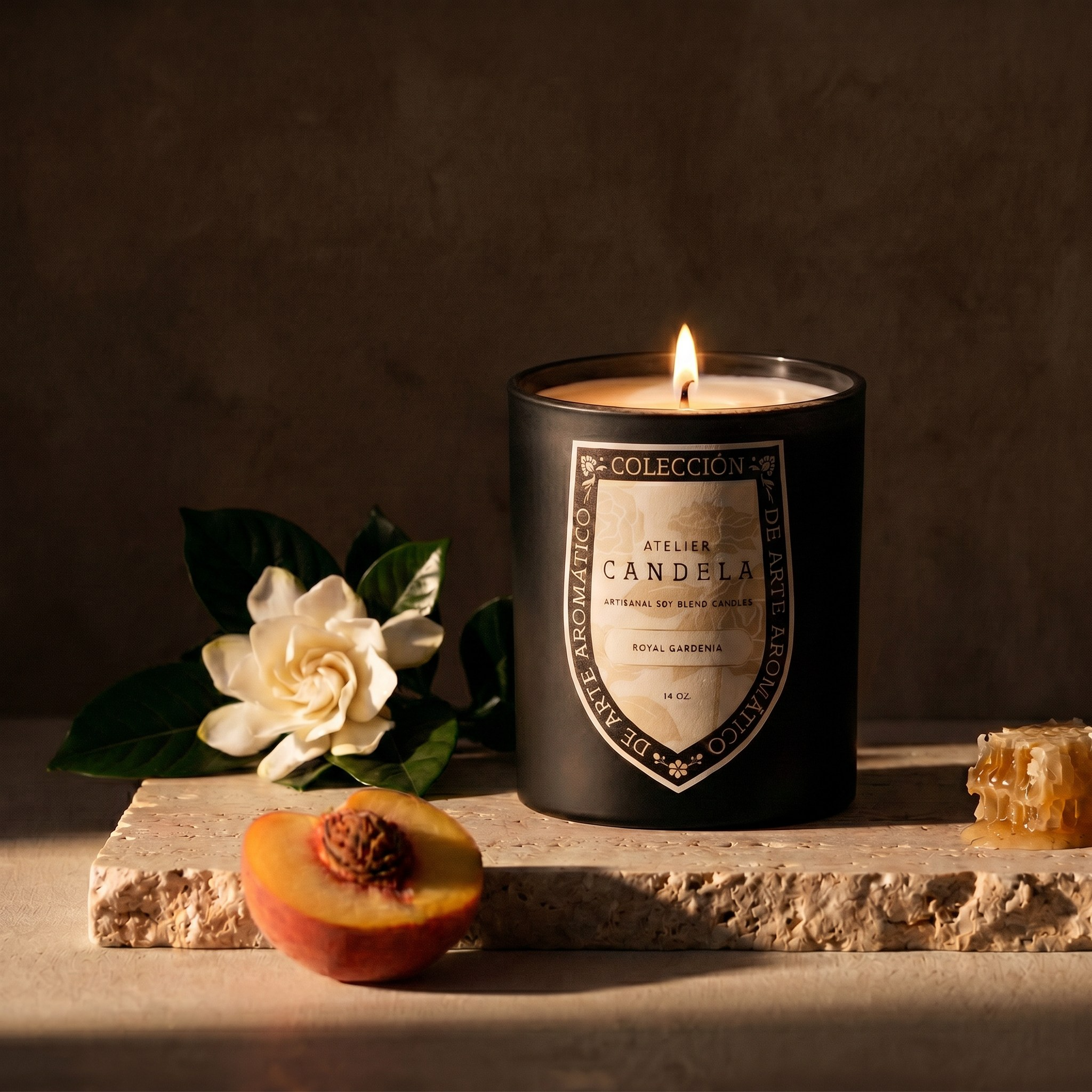 Royal Gardenia candle styled with gardenia blooms and fresh peach