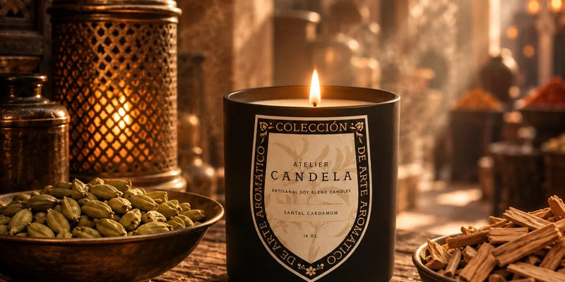 Santal Cardamom luxury scented candle by Atelier Candela burning among cardamom and sandalwood in a spice market setting