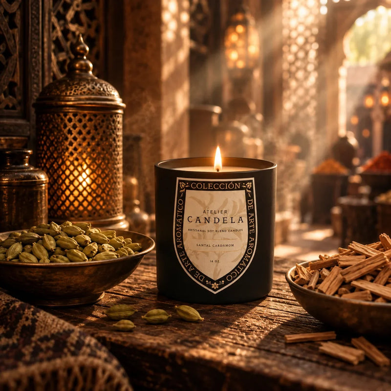 Santal Cardamom luxury scented candle by Atelier Candela burning among cardamom and sandalwood in a spice market setting