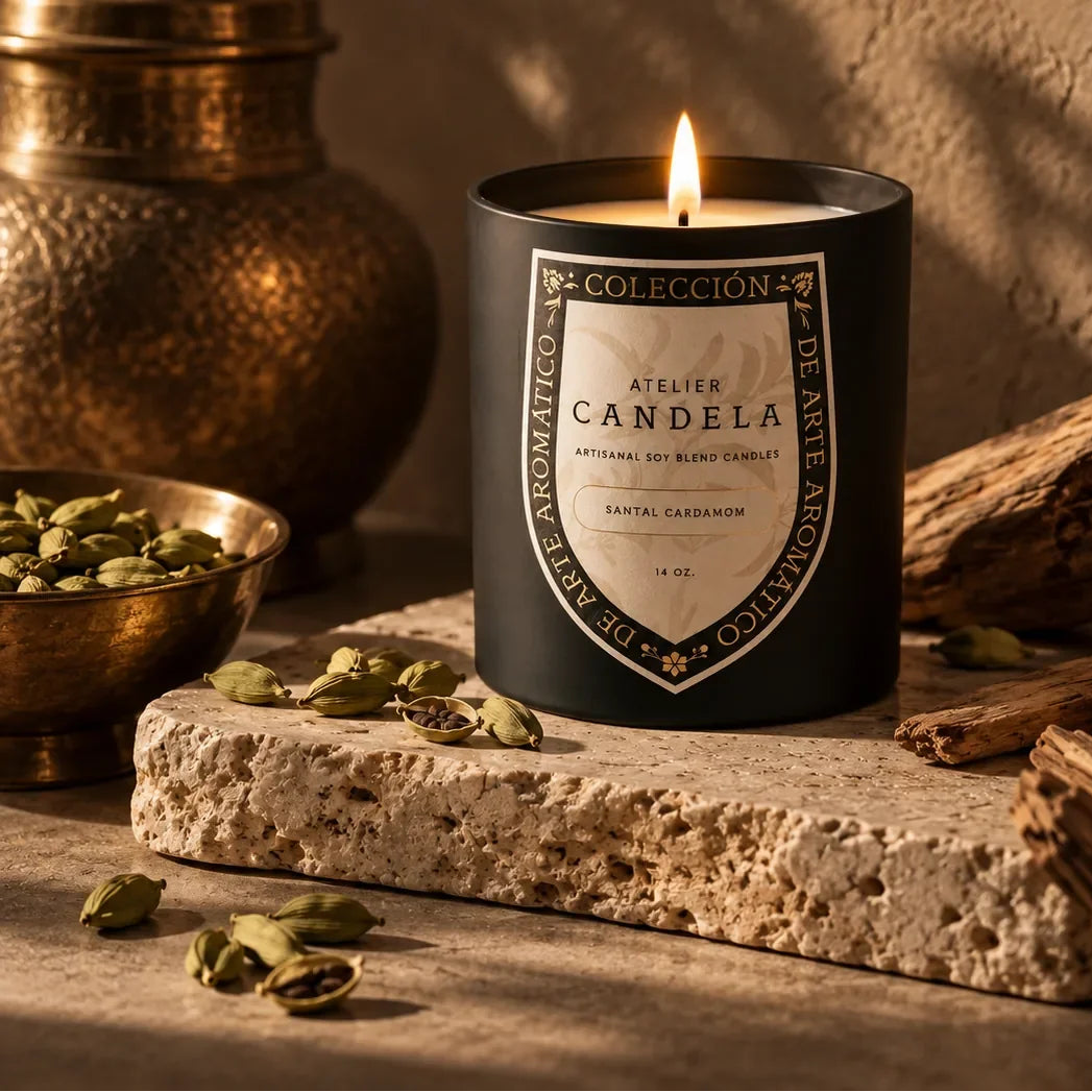 Atelier Candela Santal Cardamom lit soy blend candle in matte black vessel with cardamom pods, sandalwood, and lemon