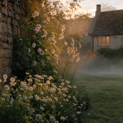 Cotswolds cottage garden at dusk — inspiration for the Geranium Chamomile candle