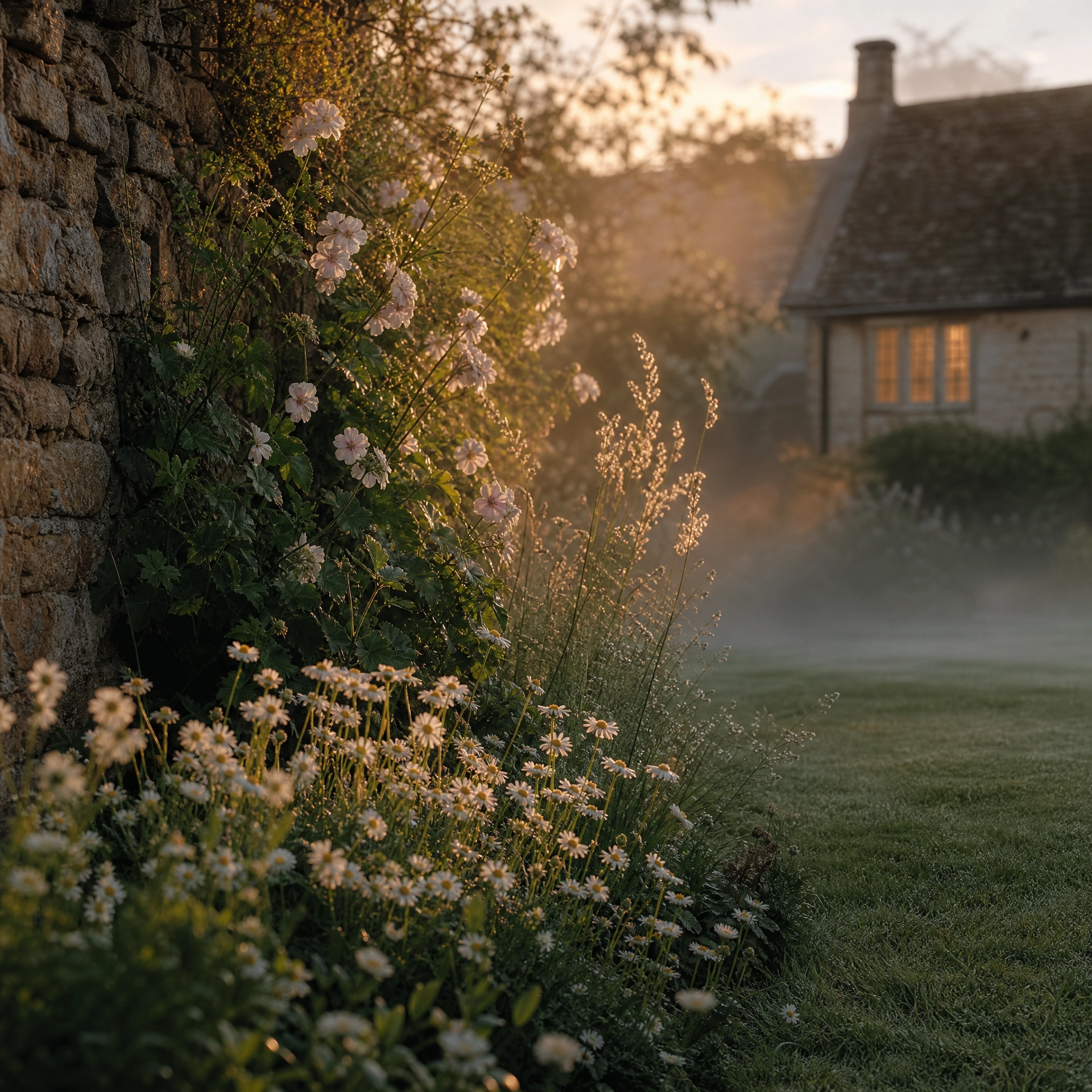 Cotswolds cottage garden at dusk — inspiration for the Geranium Chamomile candle