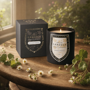 Geranium Chamomile candle and gift box with chamomile flowers on oak table — Cotswolds still life