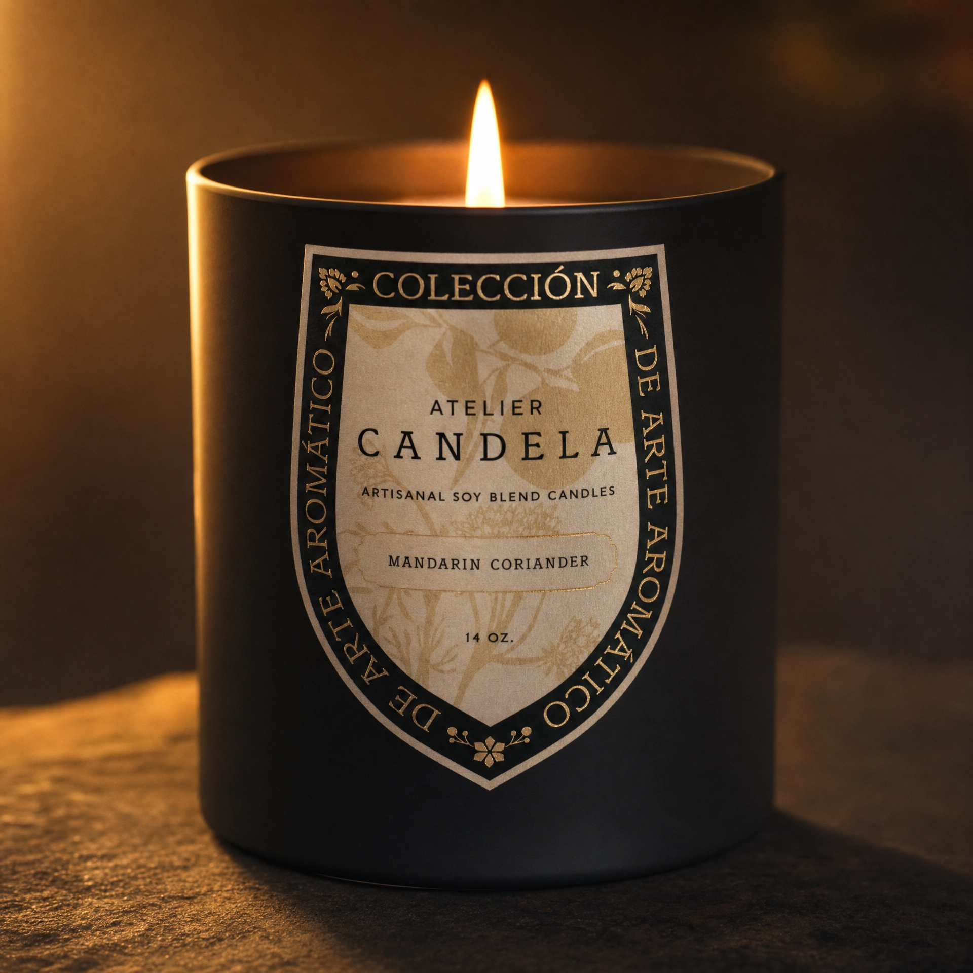 Mandarin Coriander 14oz black candle burning