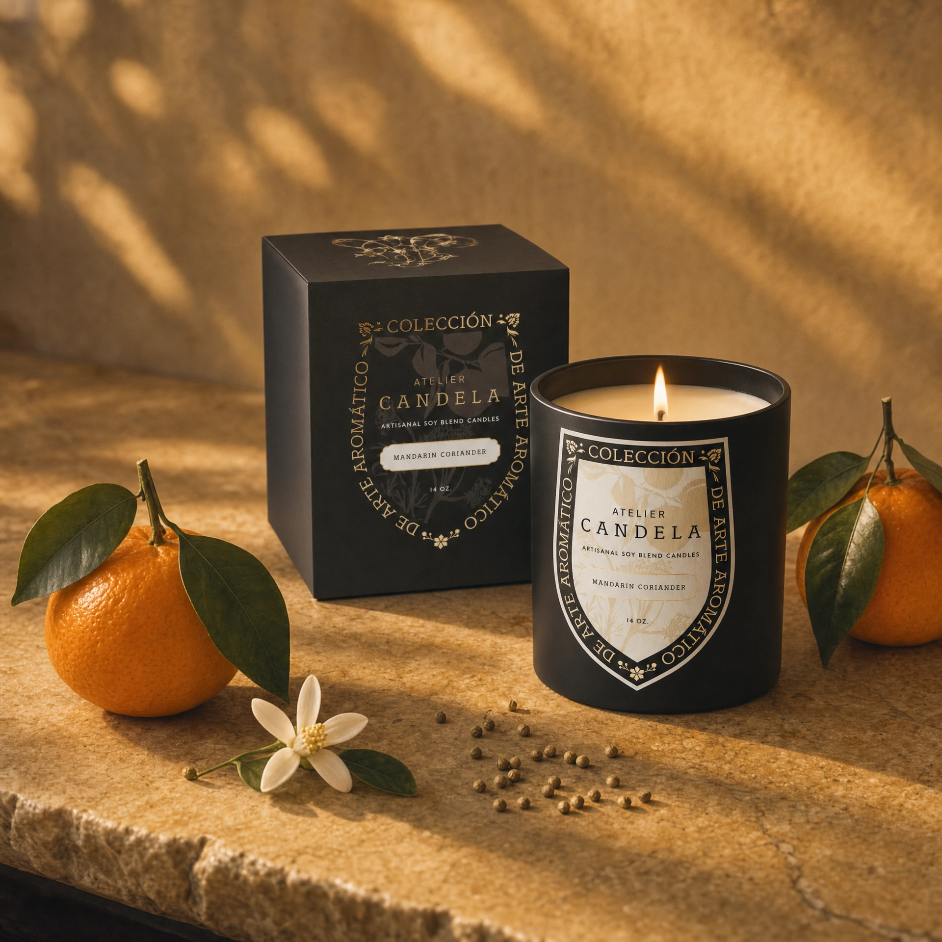 Mandarin Coriander soy candle with mandarins and coriander seeds — Seville still life