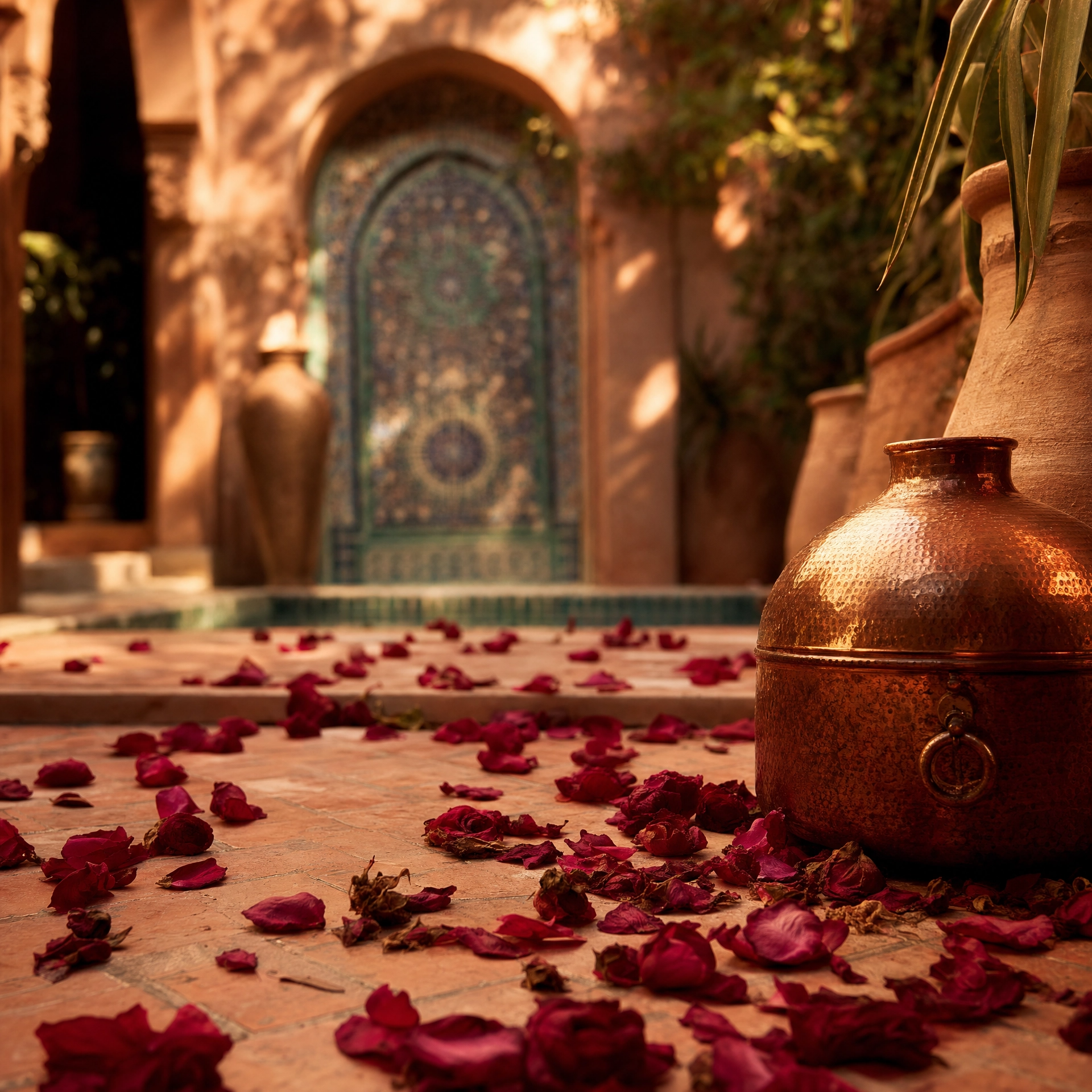 Marrakesh riad courtyard with rose petals — inspiration for the Moroccan Rose candle