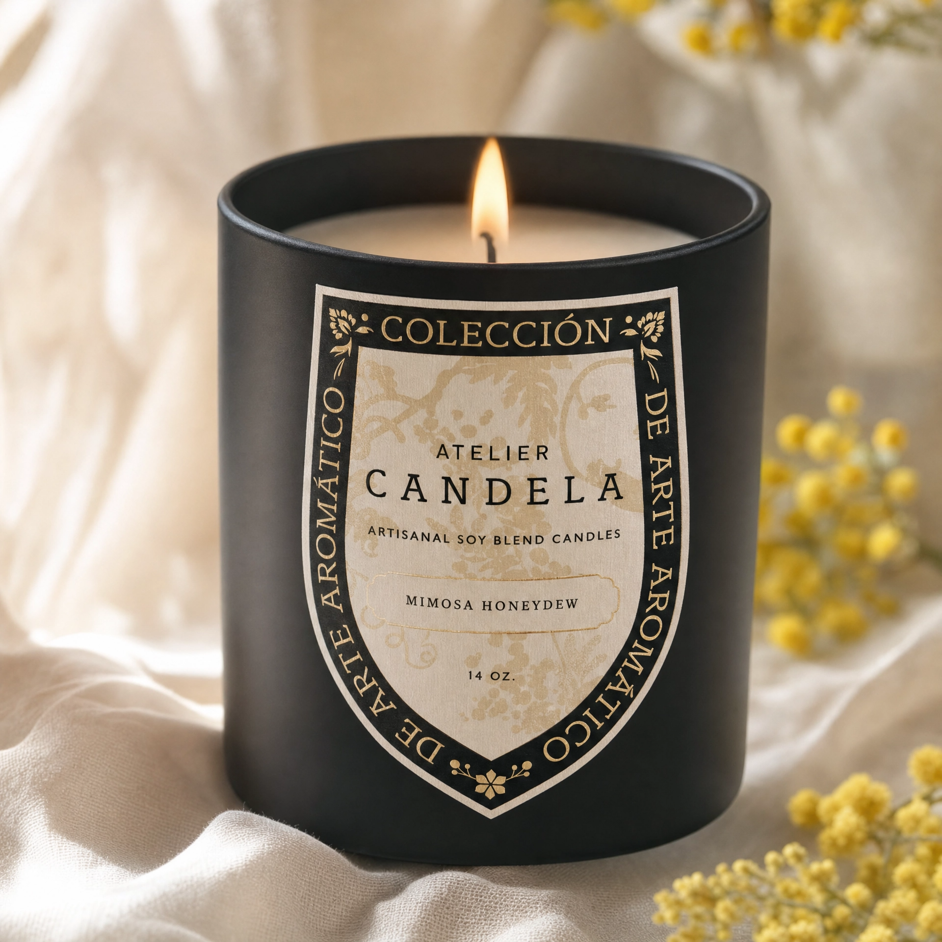 Mimosa Honeydew 14oz black soy candle burning