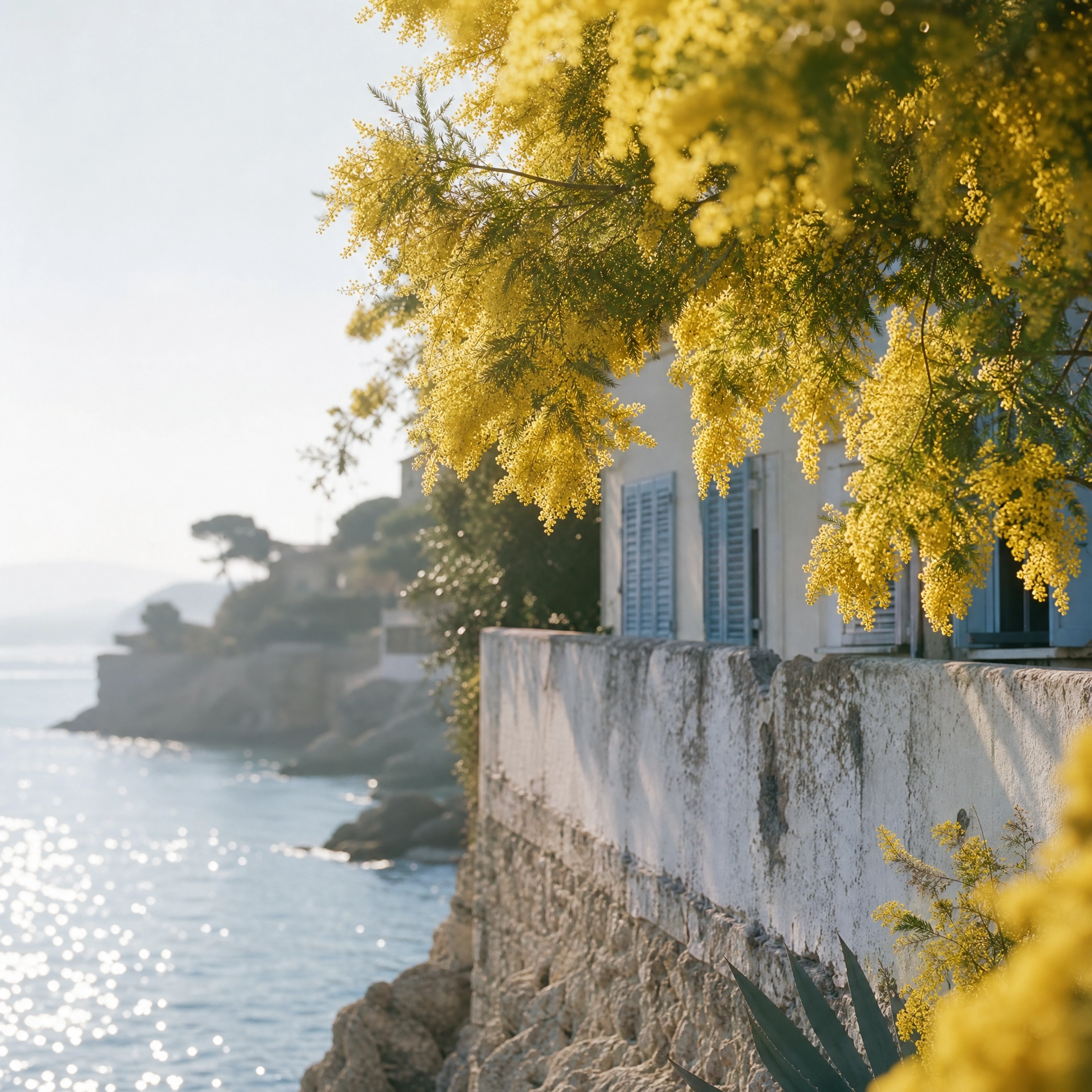 Mimosa trees above the sea wall in Antibes — inspiration for the Mimosa Honeydew candle