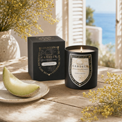Mimosa Honeydew candle and gift box with mimosa blossom and honeydew melon — Antibes still life