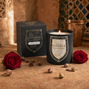 Moroccan Rose candle and gift box with dried damask roses — Marrakesh still life
