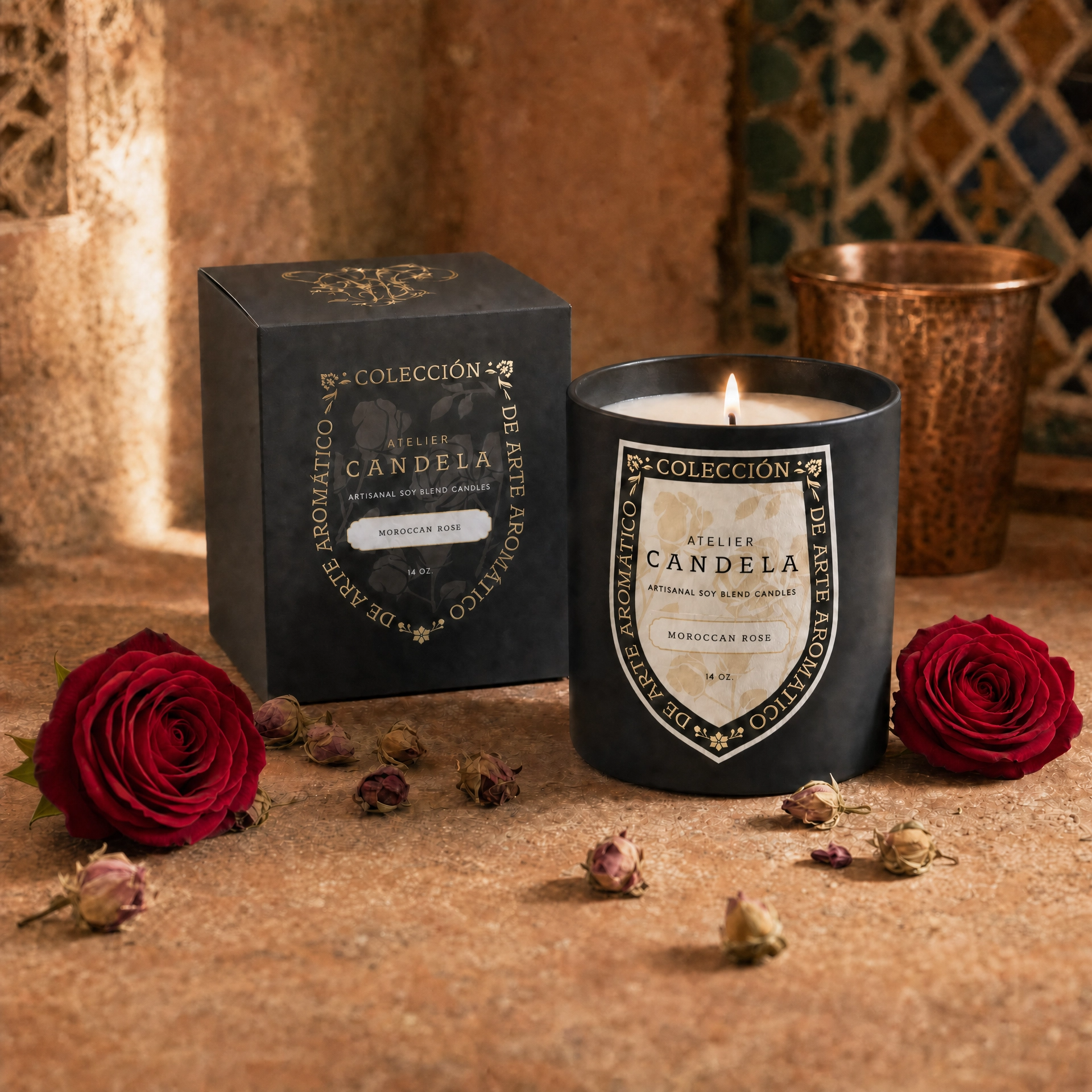 Moroccan Rose candle and gift box with dried damask roses — Marrakesh still life