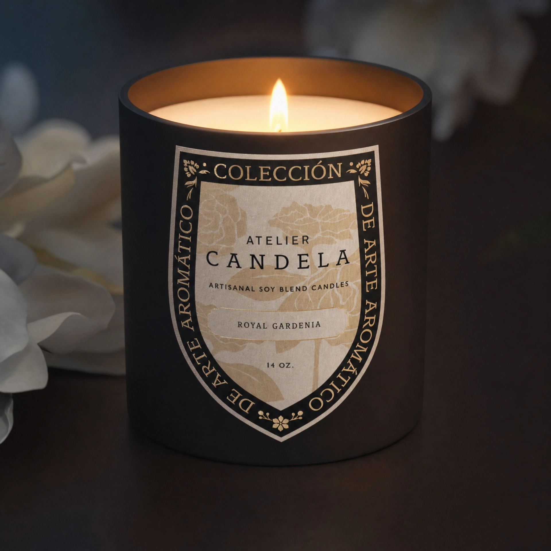 Royal Gardenia 14oz black soy candle burning at twilight