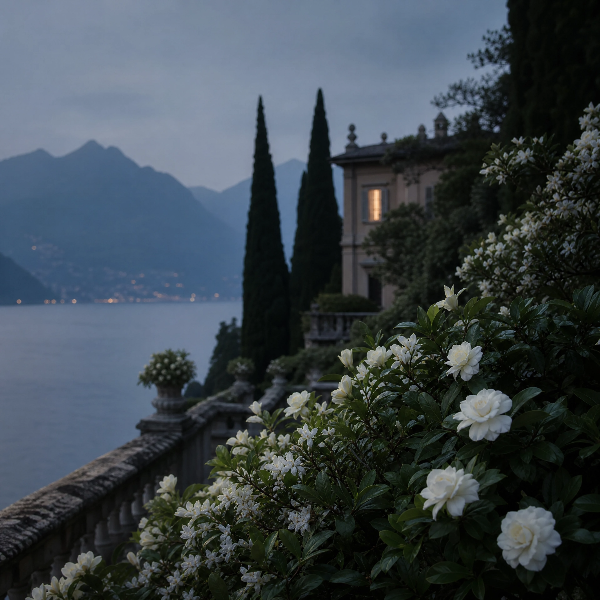 Lake Como villa garden at twilight with gardenia and cypress — inspiration for the Royal Gardenia candle