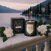 Royal Gardenia candle and gift box with gardenia blooms on marble balustrade — Lake Como still life