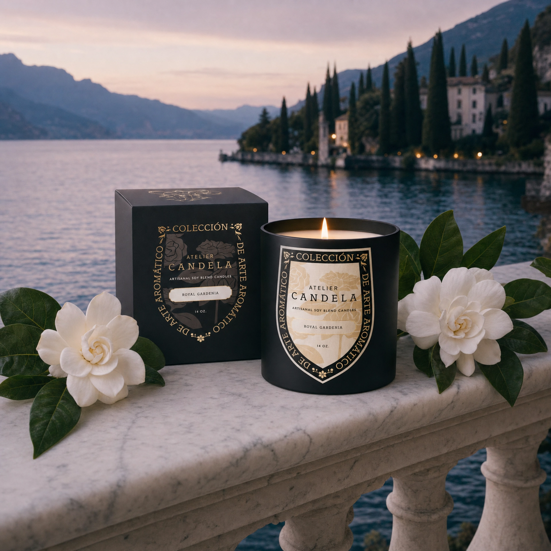 Royal Gardenia candle and gift box with gardenia blooms on marble balustrade — Lake Como still life